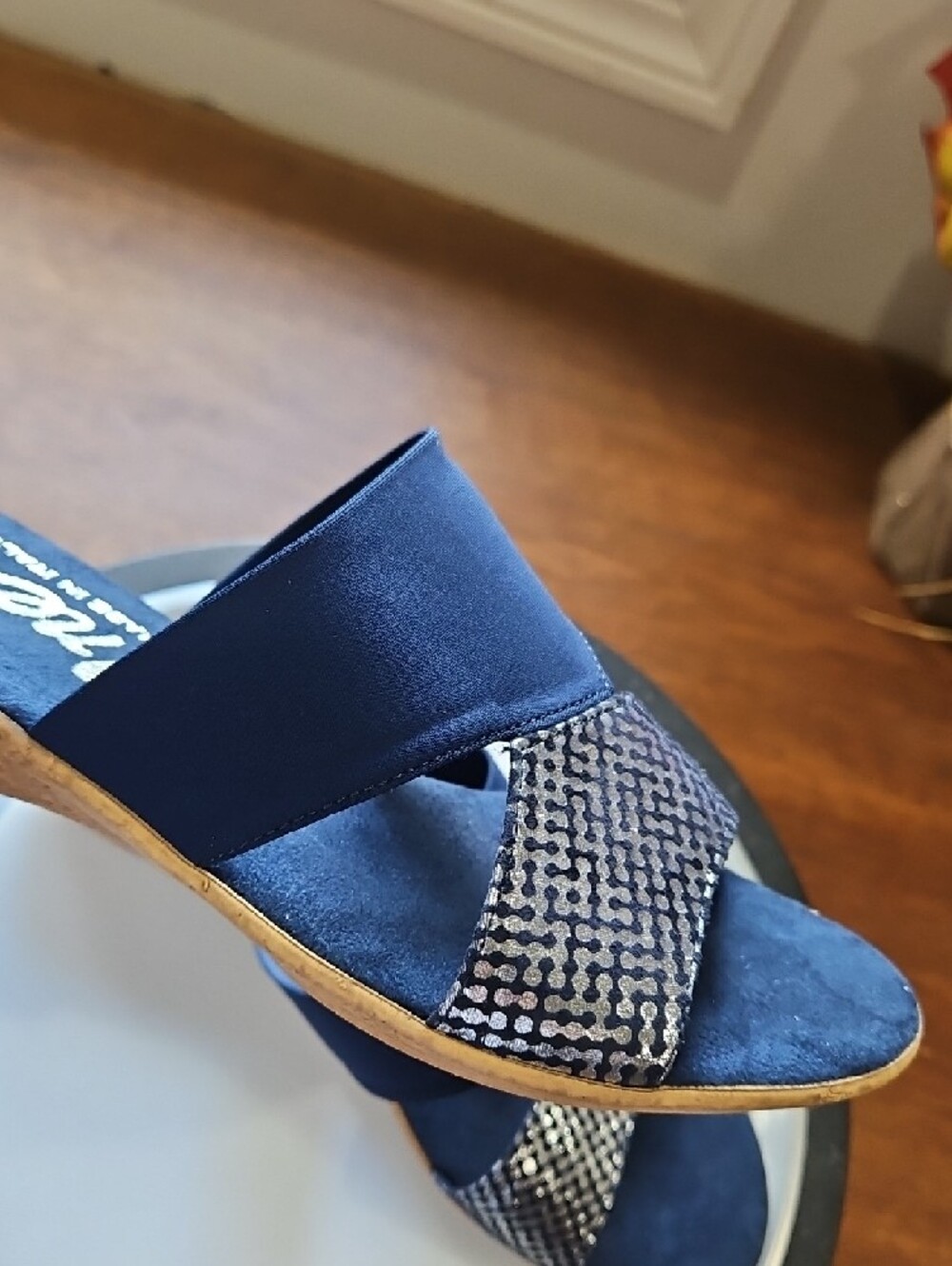 Onex Navy Blue Metallic Pattern Slide Mules - Picture 4 of 7